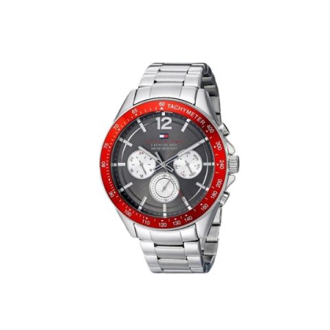 Reloj Tommy Hilfiger 1791122 con bisel taquimétrico rojo y esfera gris, visto de frente