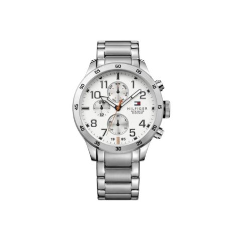 Reloj Tommy Hilfiger 1791140 con esfera blanca de números árabes grandes y bisel grabado, visto de frente
