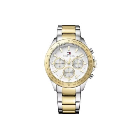 Reloj Tommy Hilfiger 1791226 con bisel taquimétrico dorado y esfera plateada, visto de frente