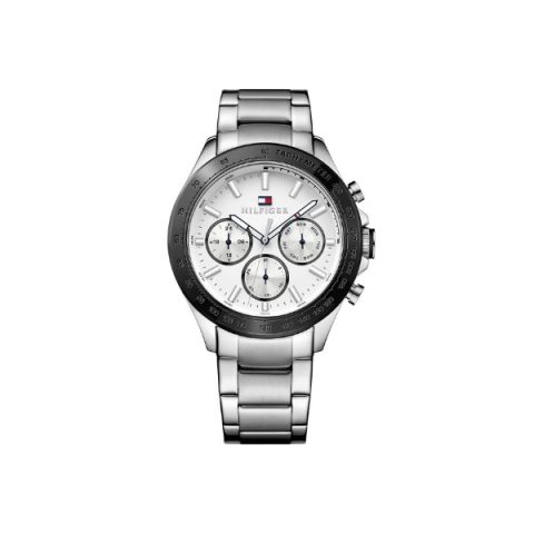 Reloj Tommy Hilfiger 1791227 con bisel taquimétrico negro y esfera blanca, visto de frente