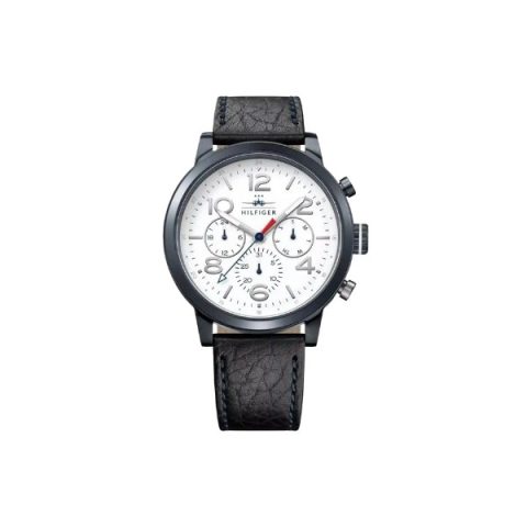 Reloj Tommy Hilfiger 1791235 con caja azul oscuro y esfera blanca de números árabes, visto de frente