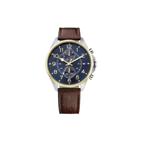 Reloj Tommy Hilfiger 1791275 con bisel dorado y esfera azul de números árabes, visto de frente