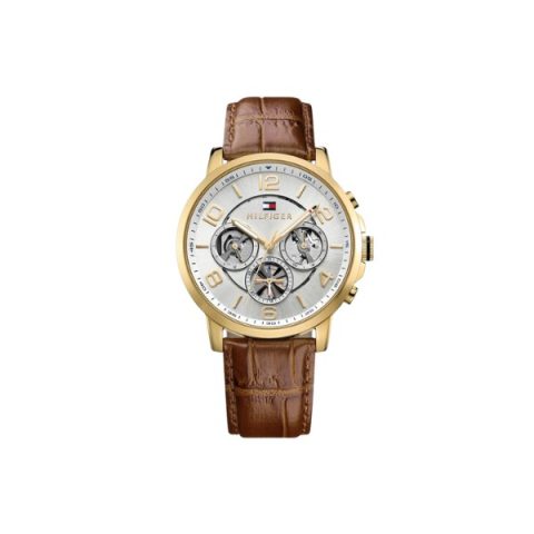 Reloj Tommy Hilfiger 1791291 con caja dorada y esfera plateada con subesferas caladas, visto de frente