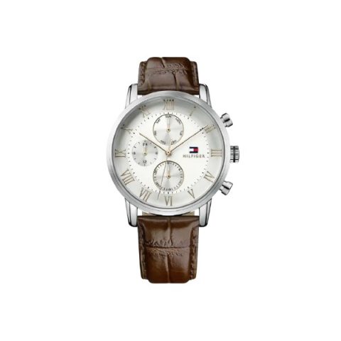 Reloj Tommy Hilfiger 1791400 con esfera crema de números romanos y tres subesferas, visto de frente