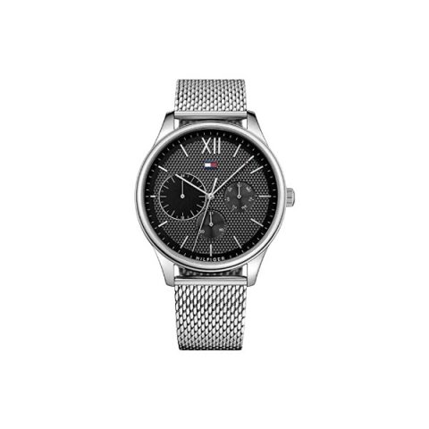 Reloj Tommy Hilfiger 1791415 con esfera negra texturizada de números romanos, visto de frente