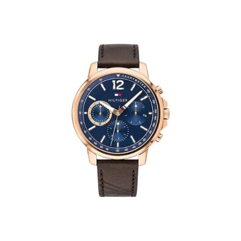 Reloj Tommy Hilfiger 1791532 con caja en oro rosado, bisel taquimétrico y esfera azul, visto de frente