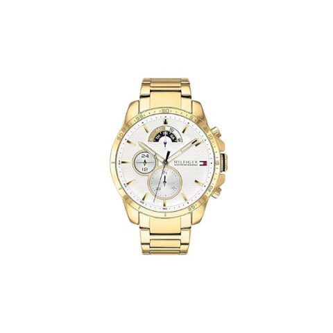Reloj Tommy Hilfiger 1791538 con caja dorada y esfera plateada con fase lunar y día, visto de frente