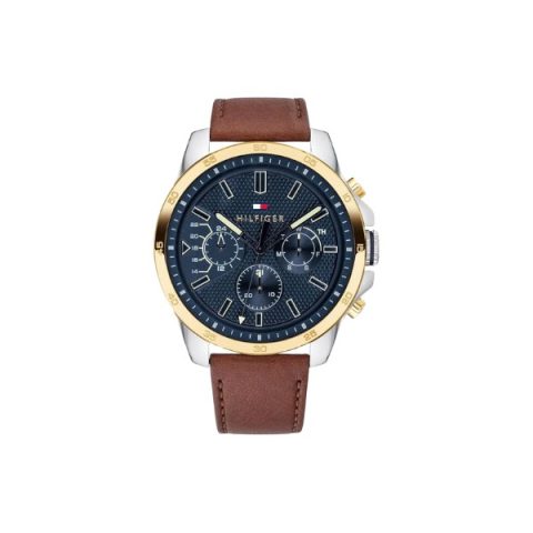Reloj Tommy Hilfiger 1791561 con bisel dorado y esfera azul en relieve, visto de frente