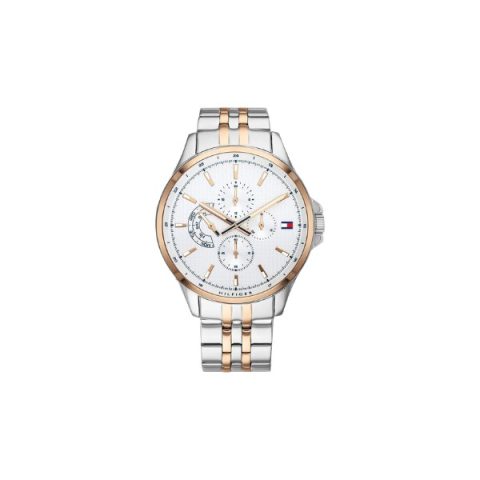 Reloj Tommy Hilfiger 1791617 con esfera blanca con día, fecha y 24 horas, visto de frente