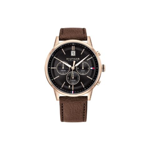 Reloj Tommy Hilfiger 1791631 con caja en oro rosado, esfera negra y fecha grande, visto de frente
