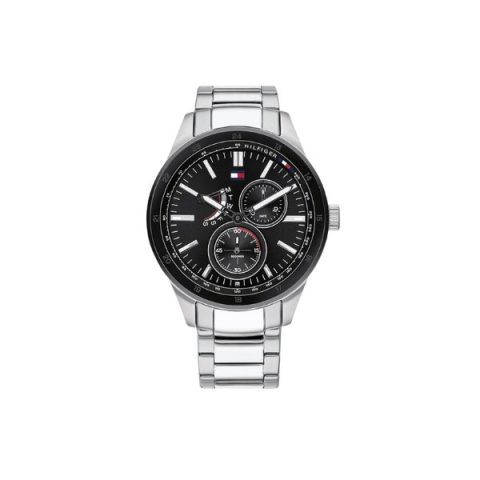 Reloj Tommy Hilfiger 1791639 con bisel negro y esfera negra con día, fecha y 24 horas, visto de frente