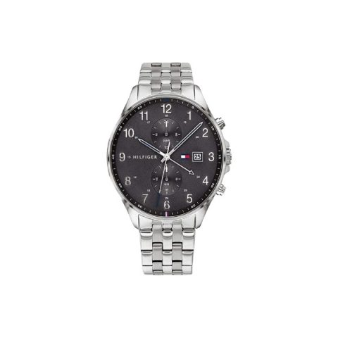 Reloj Tommy Hilfiger 1791707 con esfera gris de números árabes y fecha, visto de frente
