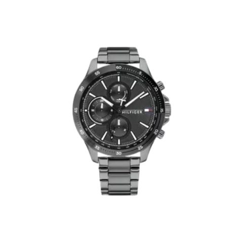 Reloj Tommy Hilfiger 1791719 con caja y brazalete gris grafito con esfera negra, visto de frente