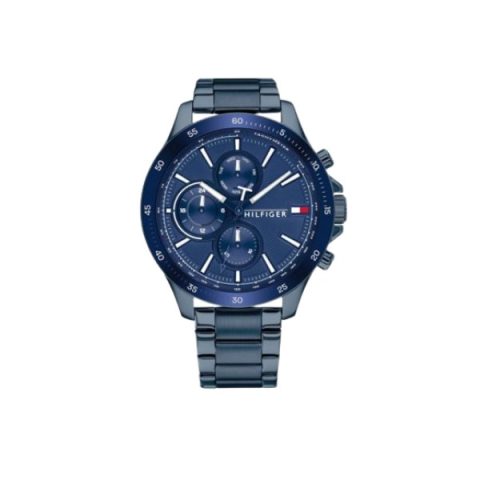 Reloj Tommy Hilfiger 1791720 con caja, esfera y brazalete azules de arriba abajo, visto de frente