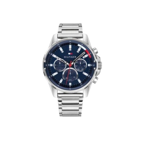 Reloj Tommy Hilfiger 1791788 con esfera azul con índices aplicados y detalles rojos, visto de frente