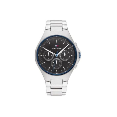 Reloj Tommy Hilfiger 1792054 con aro interior azul y esfera negra con tres subesferas, visto de frente